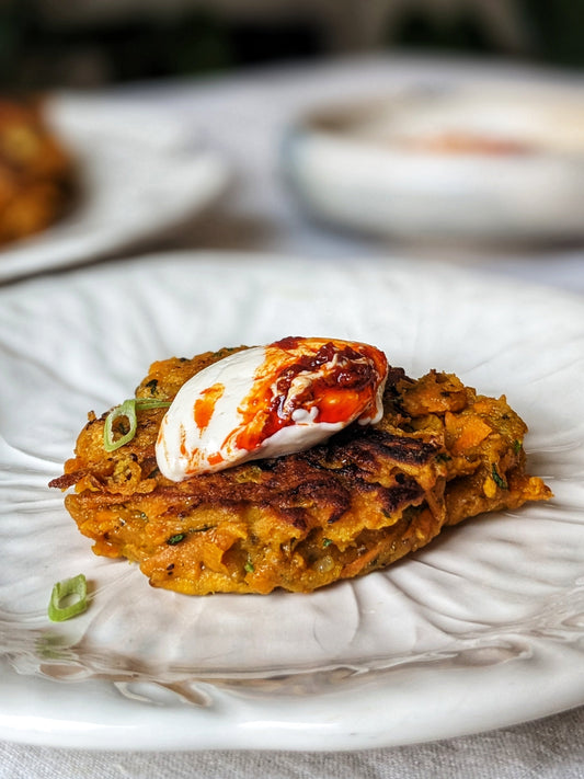 Sweet Potato and Aubergine Fritters with Tahini Yoghurt
